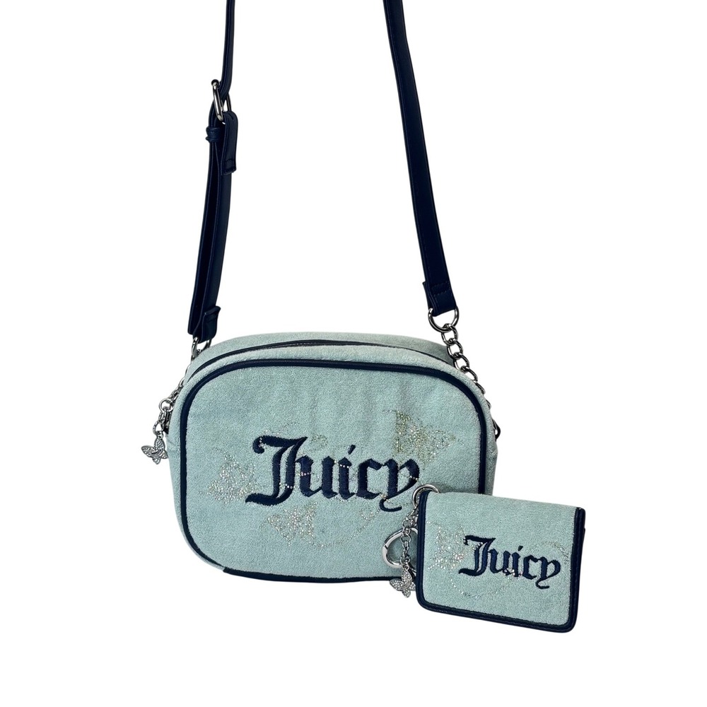Juicy Couture Crossbody Purse Y2K Butterfly Light Blue Terry Cloth Rhinestone